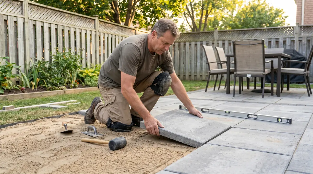Homeowner laying concrete patio pavers on a sand base in a backyard DIY project