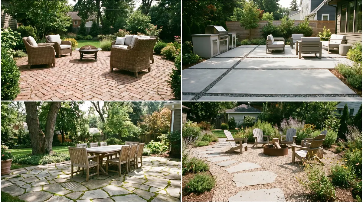 Collage of patio paving ideas including herringbone brick, large format concrete, flagstone, and gravel with stepping stones
