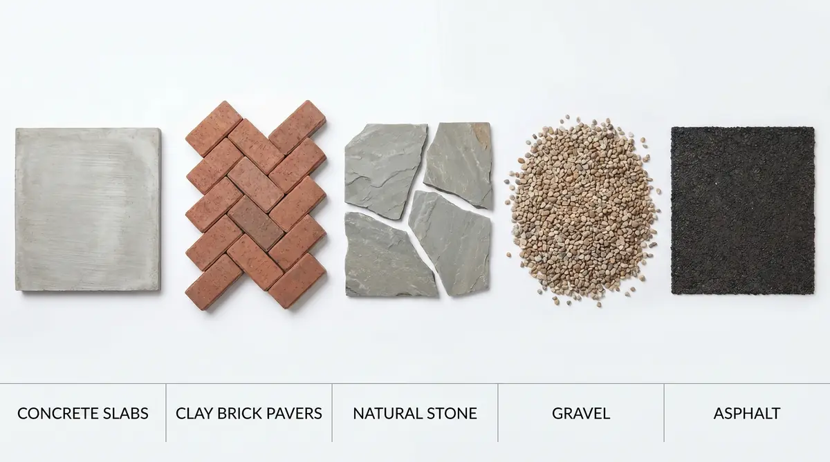 Comparison of patio paving materials including concrete slabs, brick pavers, natural stone, gravel, and asphalt