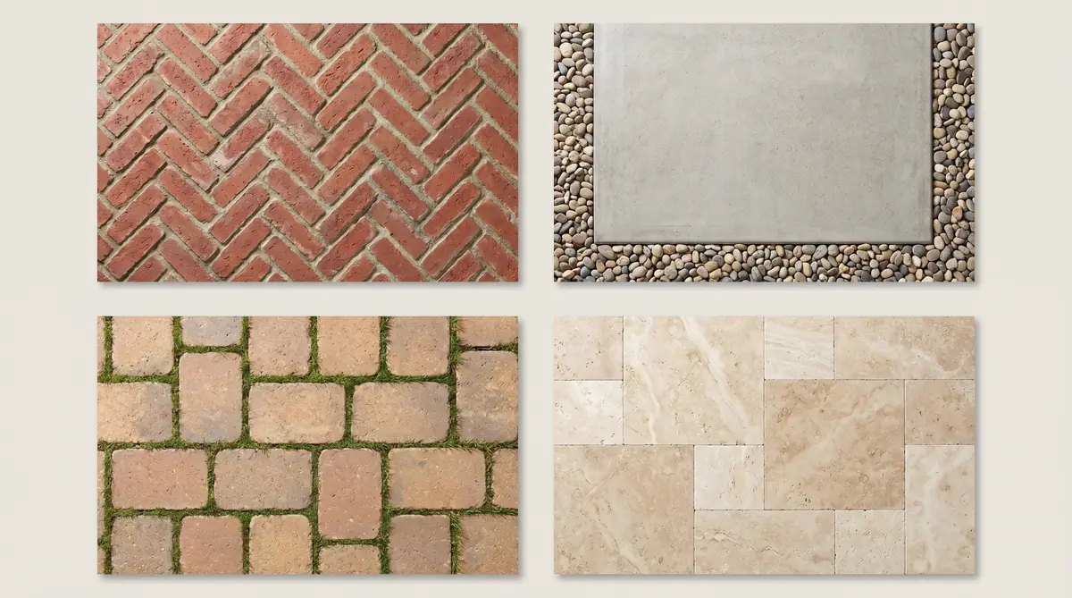 Grid of four patio paving styles — brick, concrete, pavers, travertine