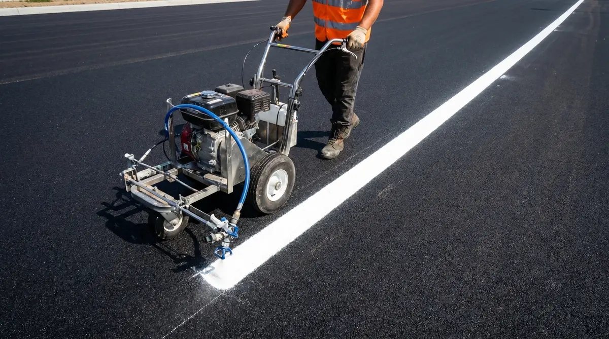 Professional line striping machine applying a crisp white traffic line on a freshly paved black asphalt parking lot