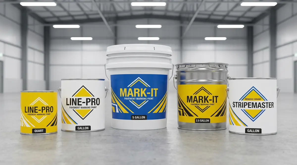 Five cans and buckets of different pavement marking paint types arranged on a concrete floor showing various sizes and colors