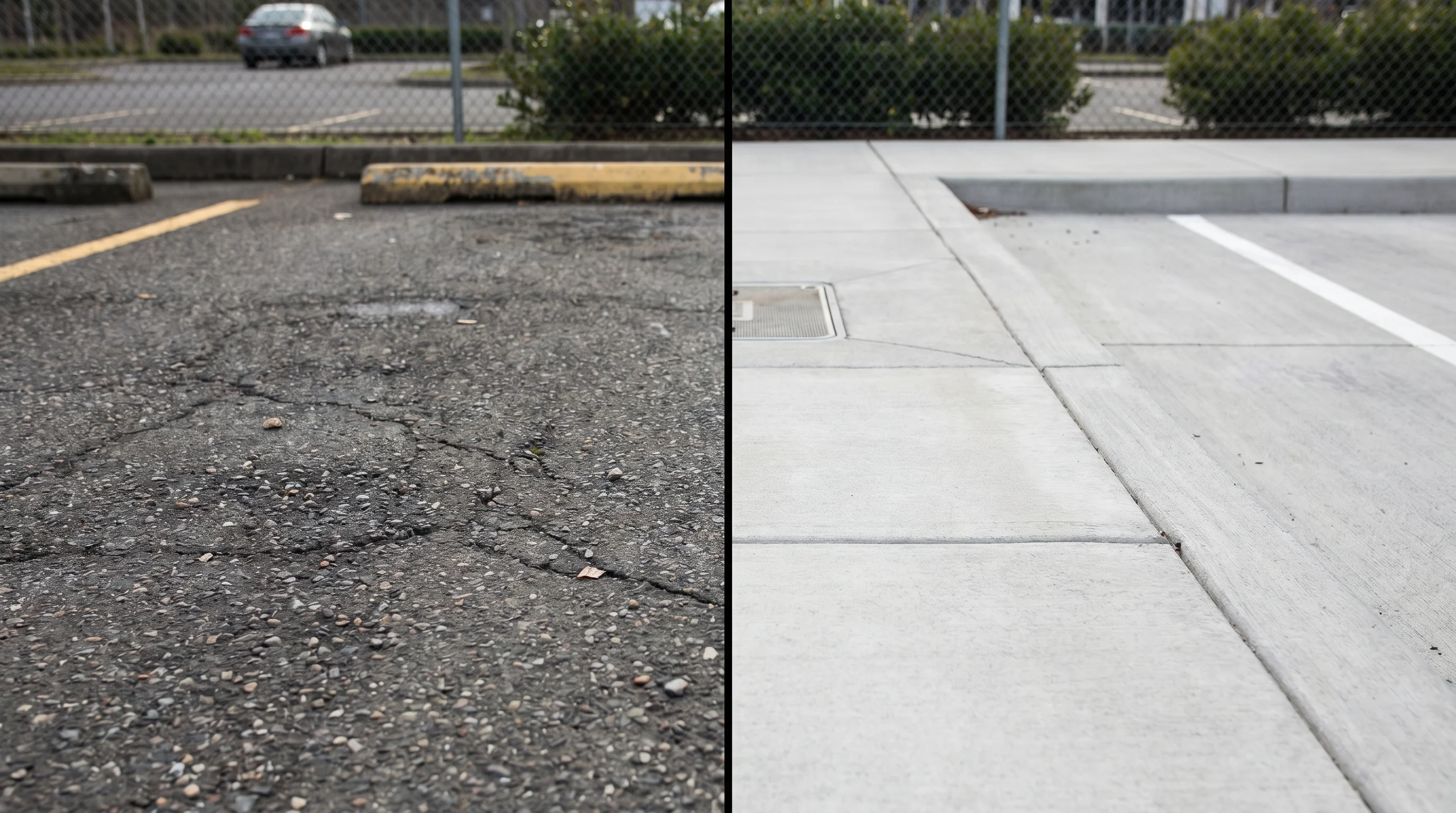 Split-frame comparison showing dark asphalt pavement on the left and light gray concrete on the right in a parking lot setting on a sunny day