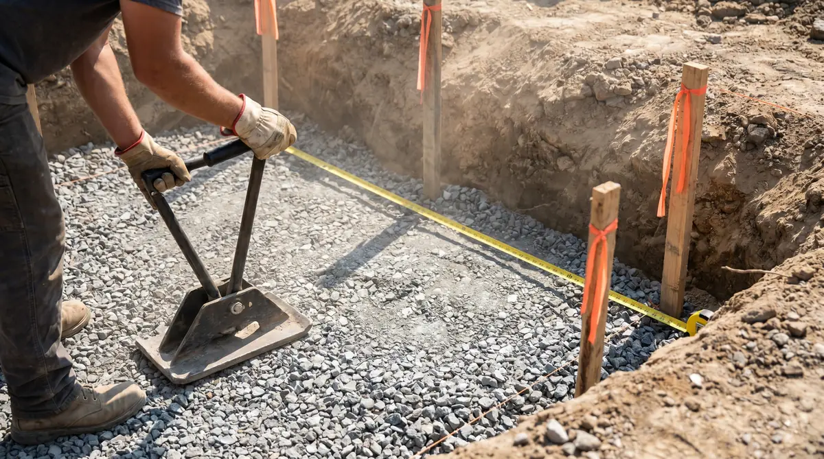 Compacting gravel sub-base during DIY patio preparation