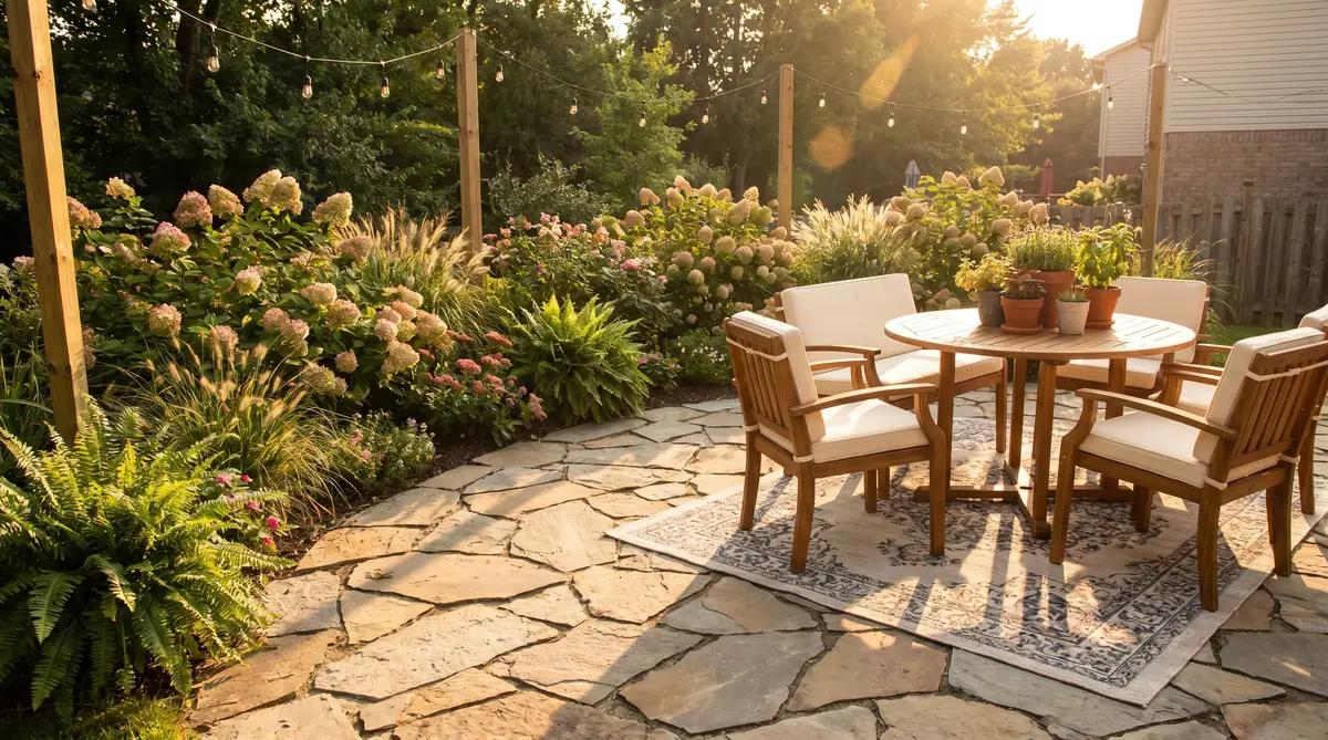 Completed DIY backyard patio with natural stone pavers and outdoor furniture