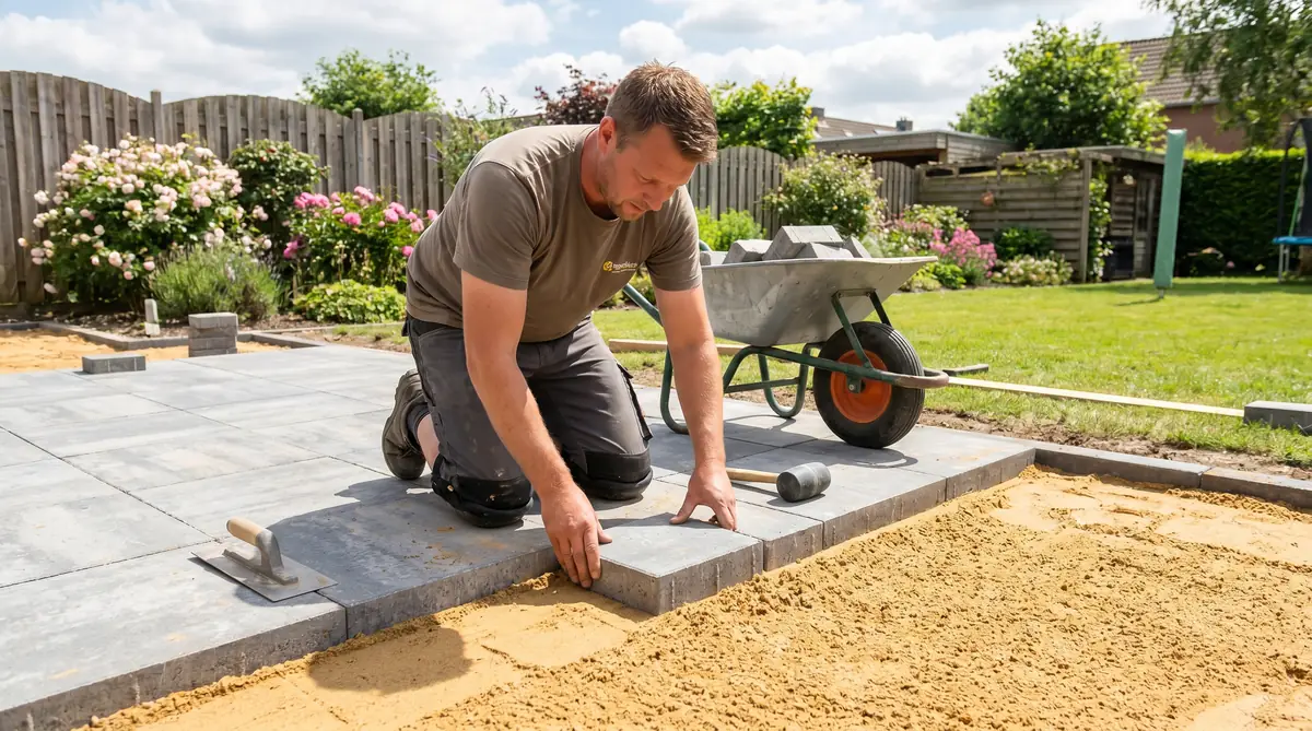 Homeowner laying concrete pavers on a DIY backyard patio