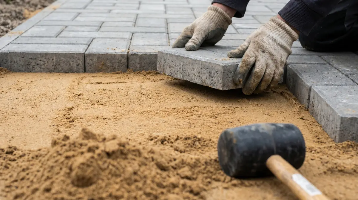 Hands placing a concrete paver onto sand bedding layer
