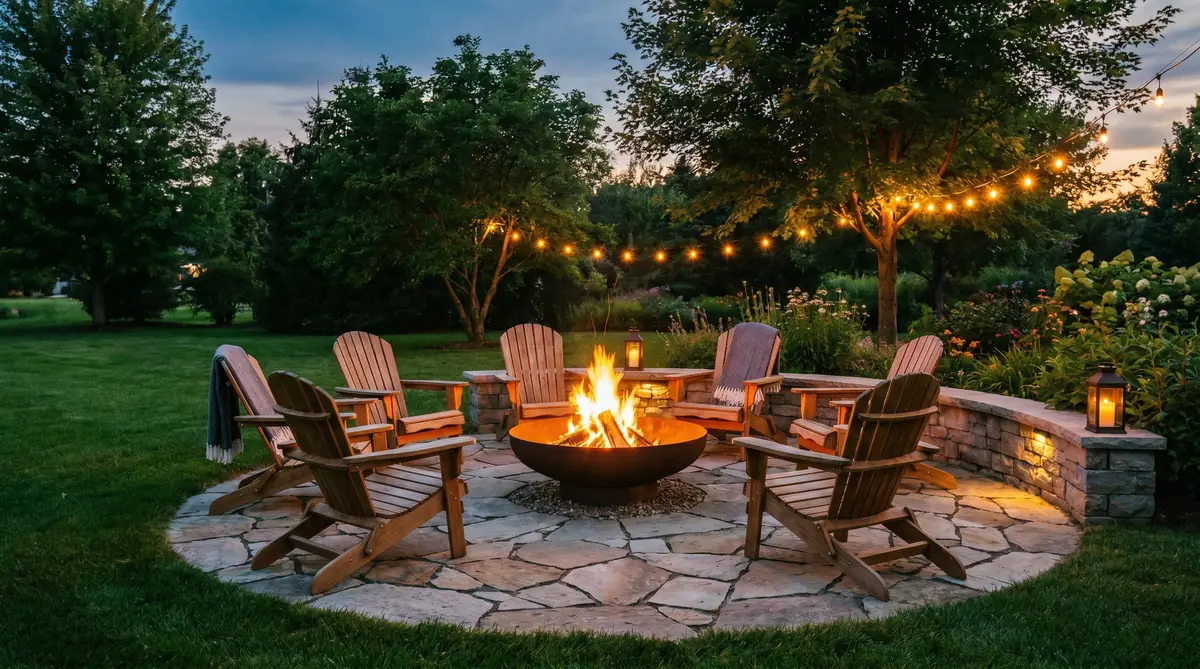 Beautiful backyard fire pit surrounded by a circular natural stone paver patio with warm evening fire, Adirondack chairs, and lush lawn border