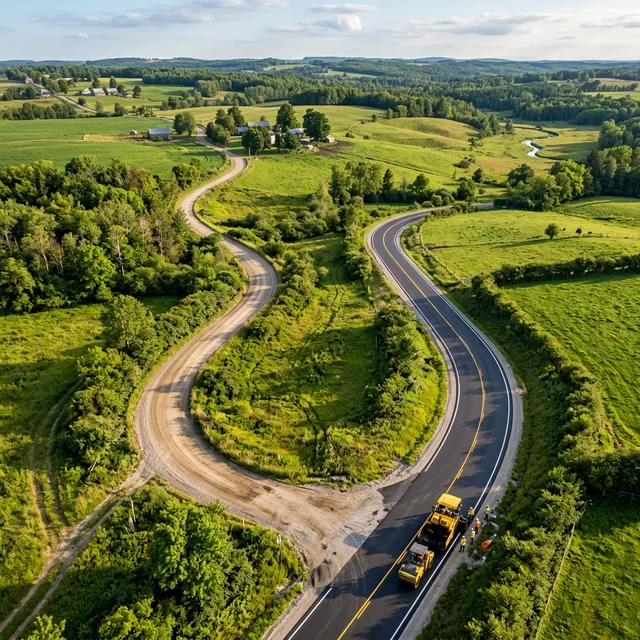 Private road transitioning from gravel to fresh asphalt