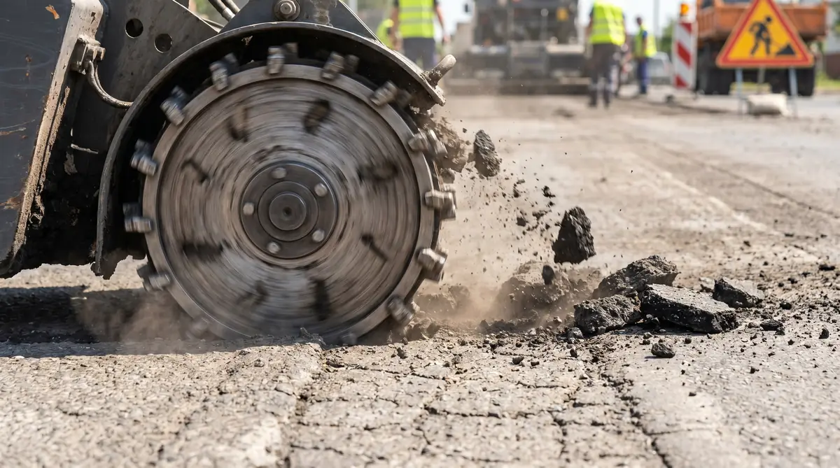 Milling machine grinding old asphalt road surface into reclaimed asphalt pavement