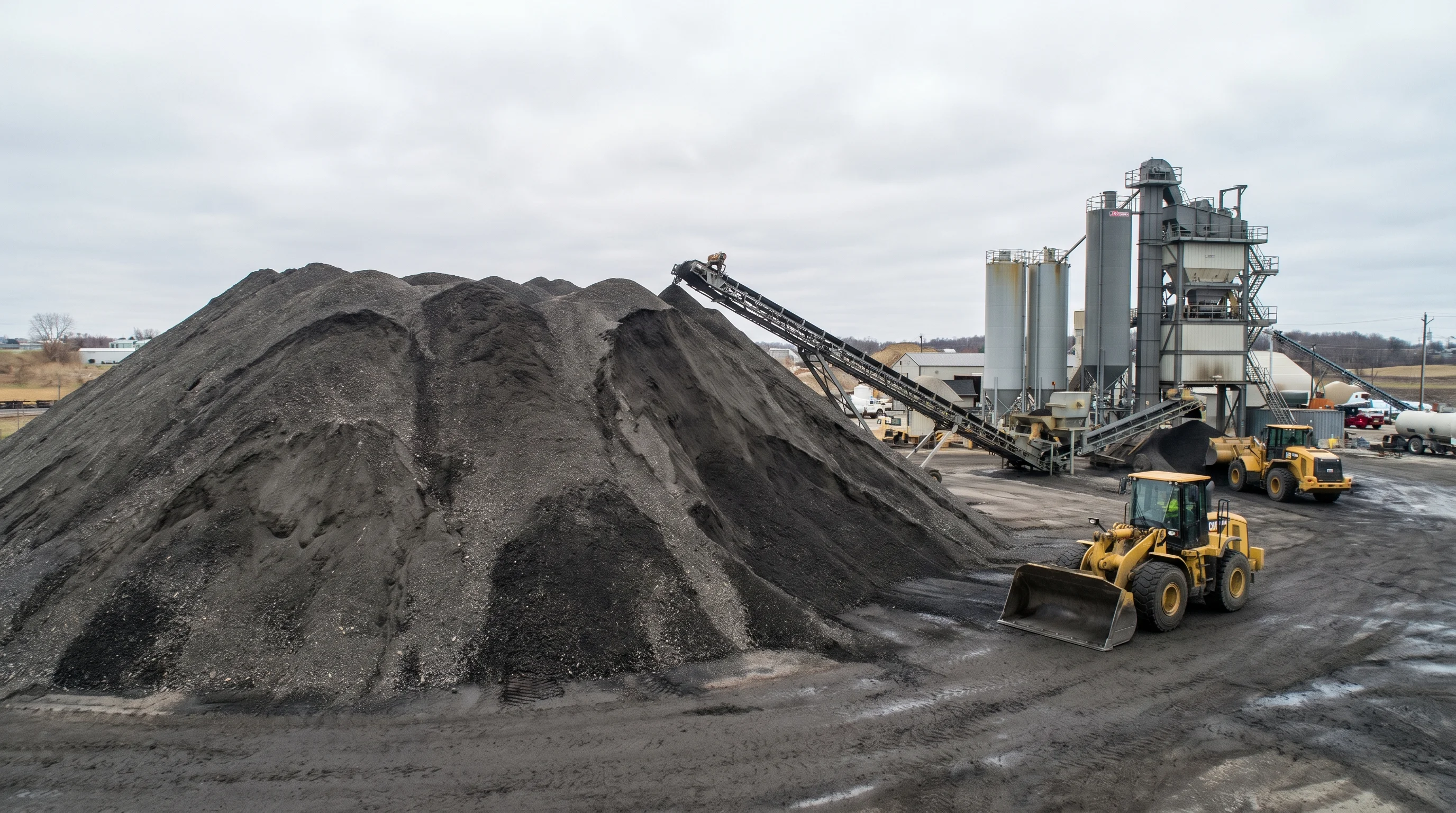 Large conical stockpile of processed reclaimed asphalt pavement millings at an asphalt plant with conveyor equipment visible in the background