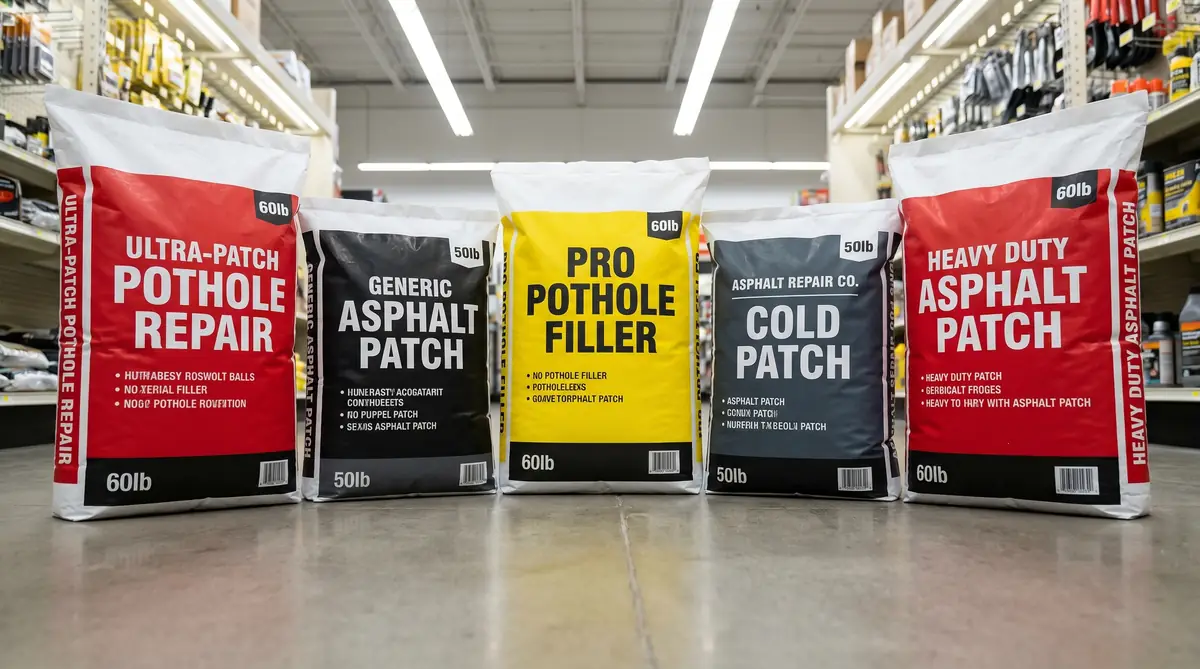 Several bags of rapid set asphalt repair products lined up on a hardware store shelf showing different brands and sizes