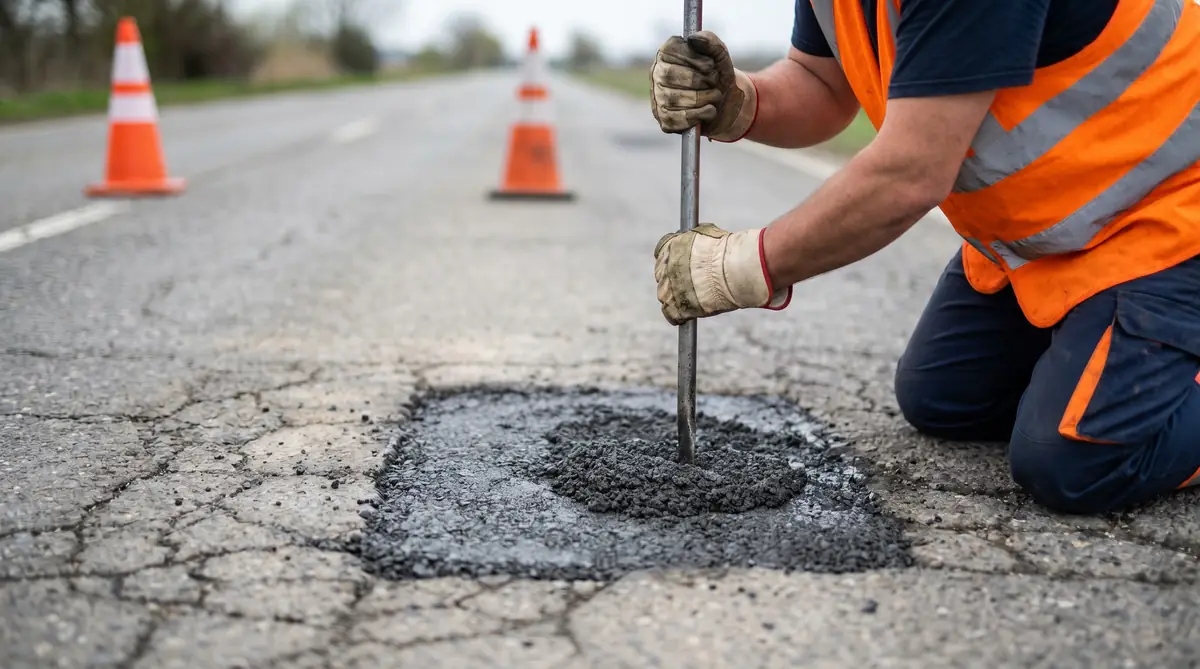 Municipal road worker tamping rapid set asphalt repair mix into a pothole with orange traffic cones visible in the background