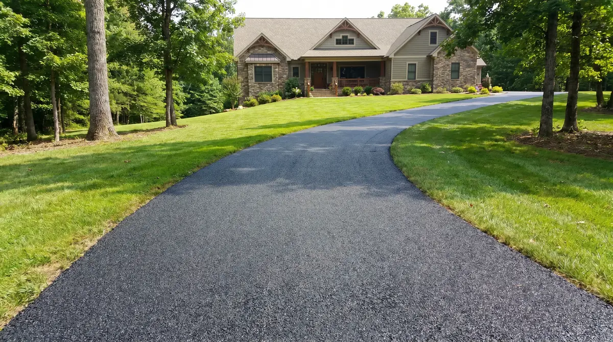 Long residential driveway paved with compacted dark recycled asphalt millings leading to a home flanked by green lawn