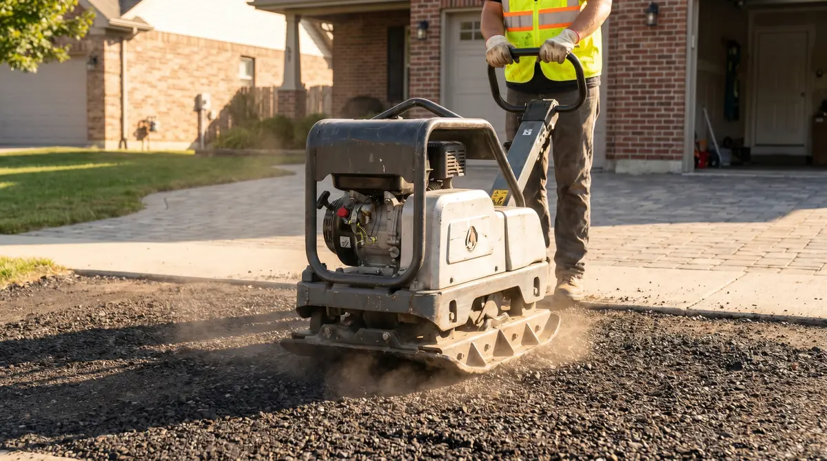 Plate compactor compacting a layer of recycled asphalt millings on a residential driveway during installation