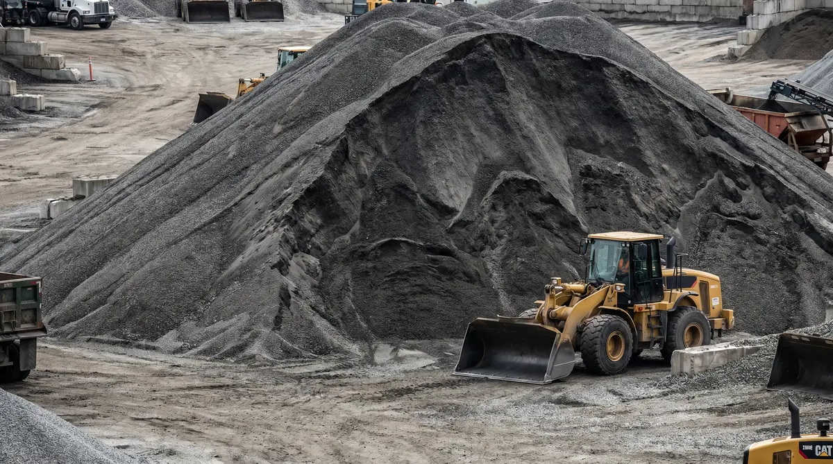 Large pile of recycled asphalt millings at a recycling facility ready for reuse