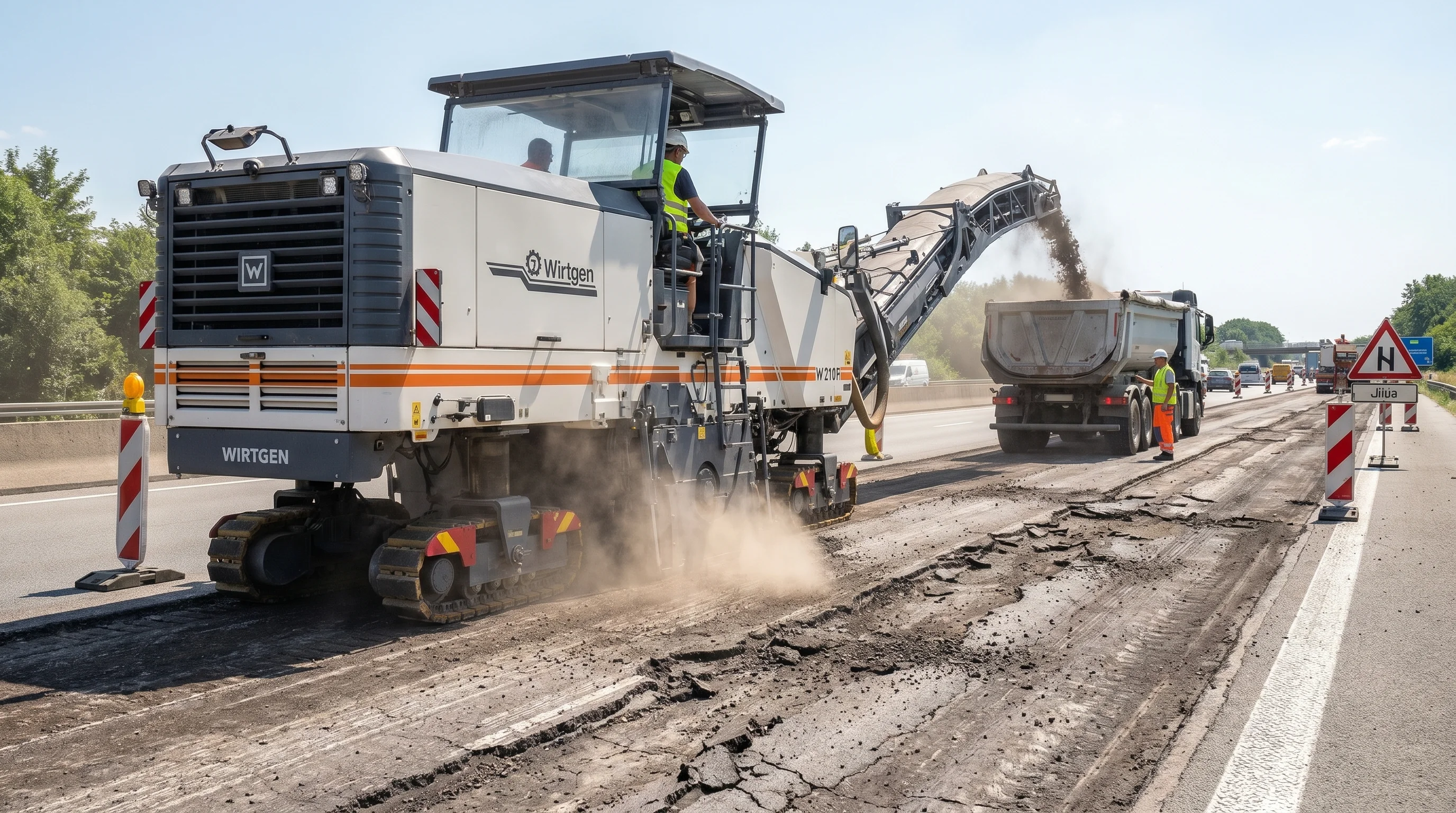 Large cold planer milling machine removing old asphalt pavement from a road surface generating a stream of reclaimed asphalt pavement material loaded into a dump truck