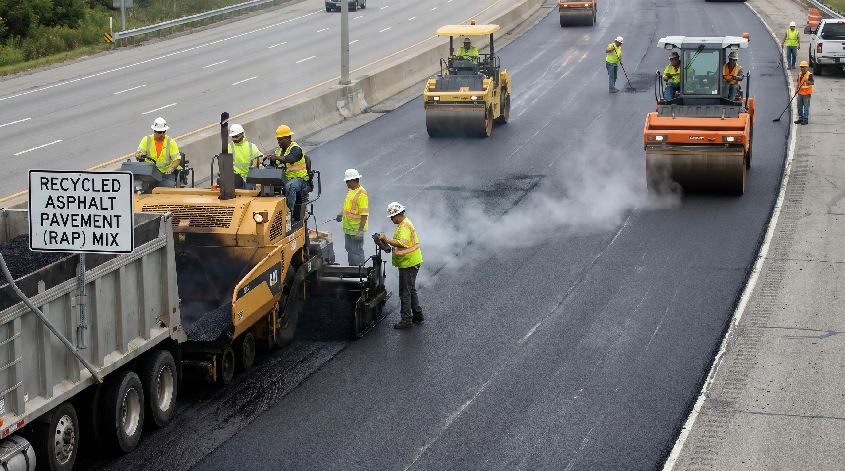 Asphalt paving crew operating a paving machine laying new hot-mix asphalt containing recycled RAP content on a road surface with a roller compactor following behind