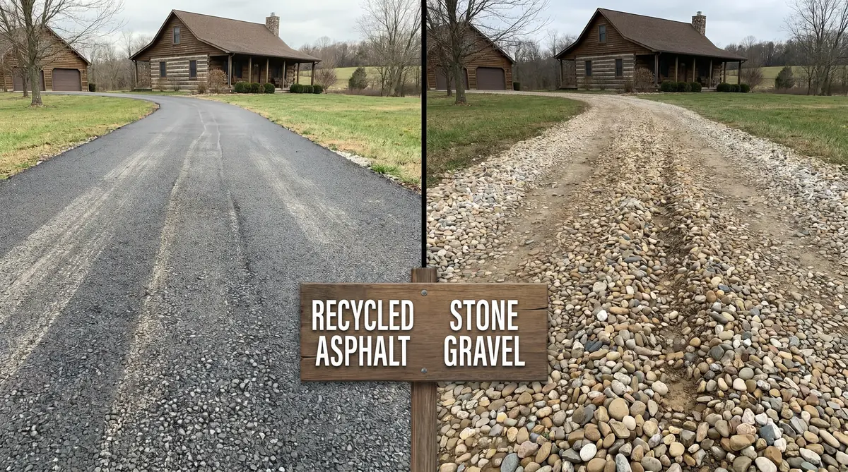 Side-by-side comparison of a compacted recycled asphalt driveway on the left and a loose stone gravel driveway on the right