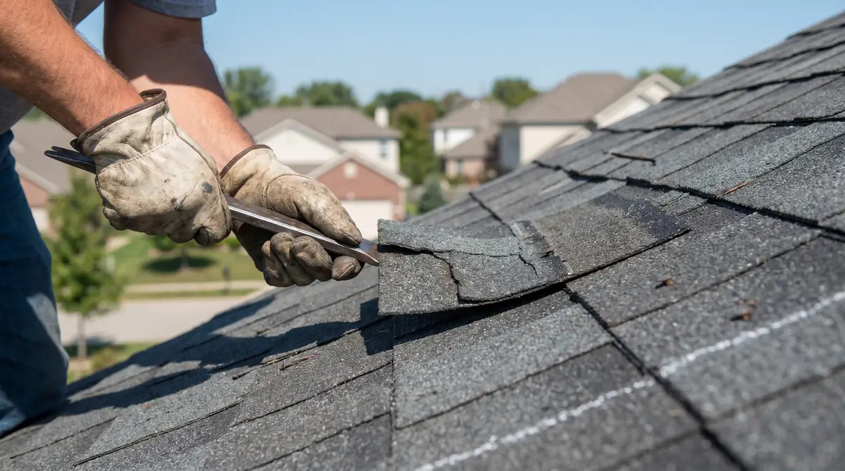 Roofer replacing a damaged asphalt shingle — hands lifting a curled dark grey shingle with a flat pry bar on a residential rooftop in bright daylight