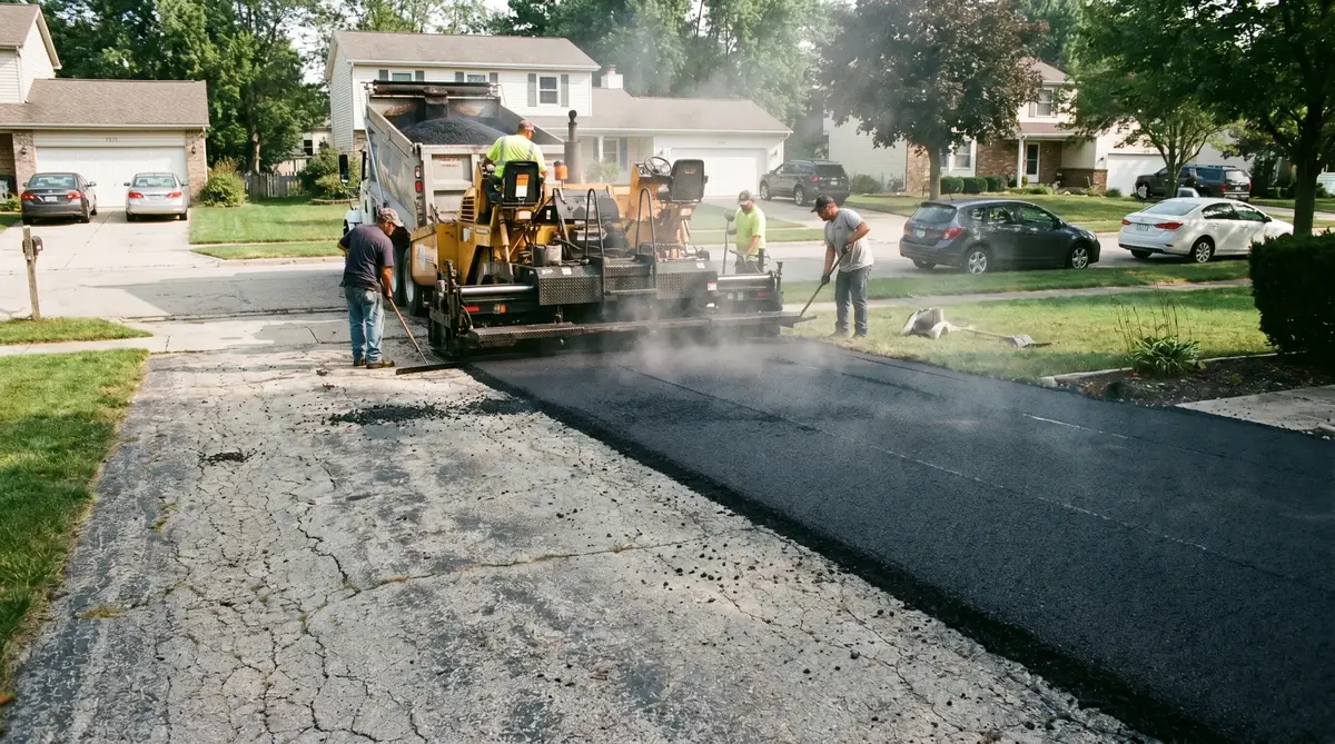 Contractor replacing an old concrete driveway with new smooth black asphalt — half old surface, half new asphalt
