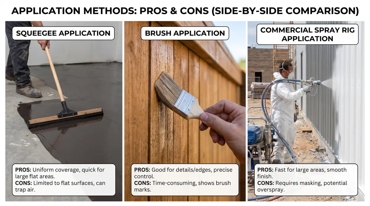 Three-panel comparison showing sealcoating application methods: left panel shows squeegee application with contractor pushing sealer evenly, center shows brush application for detail edging, right shows commercial spray rig applying sealer to a large parking lot