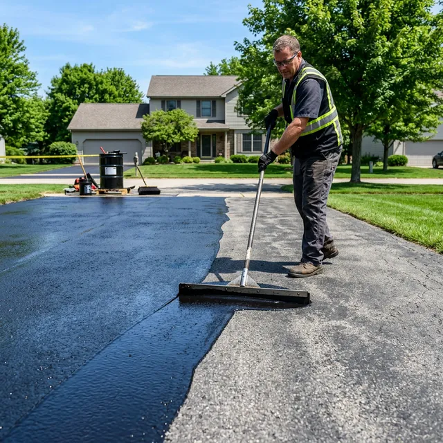 Sealcoating cost — worker applying sealcoat to asphalt driveway with squeegee