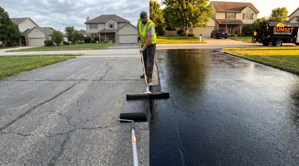 Dramatic split-image of the same residential driveway showing the before side as faded oxidized grey asphalt with visible surface cracks and the after side as freshly sealed deep jet-black asphalt with a contractor applying sealer across the split line