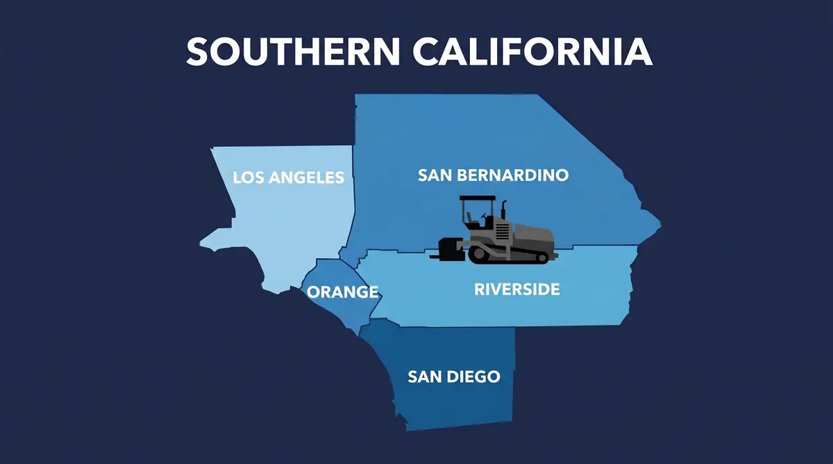 Flat design map of Southern California showing Orange County, Riverside County, San Bernardino County, Los Angeles County, and San Diego County highlighted as asphalt service area