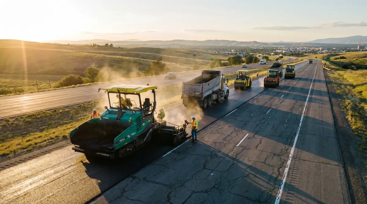 Paving crew laying stone matrix asphalt on a major highway