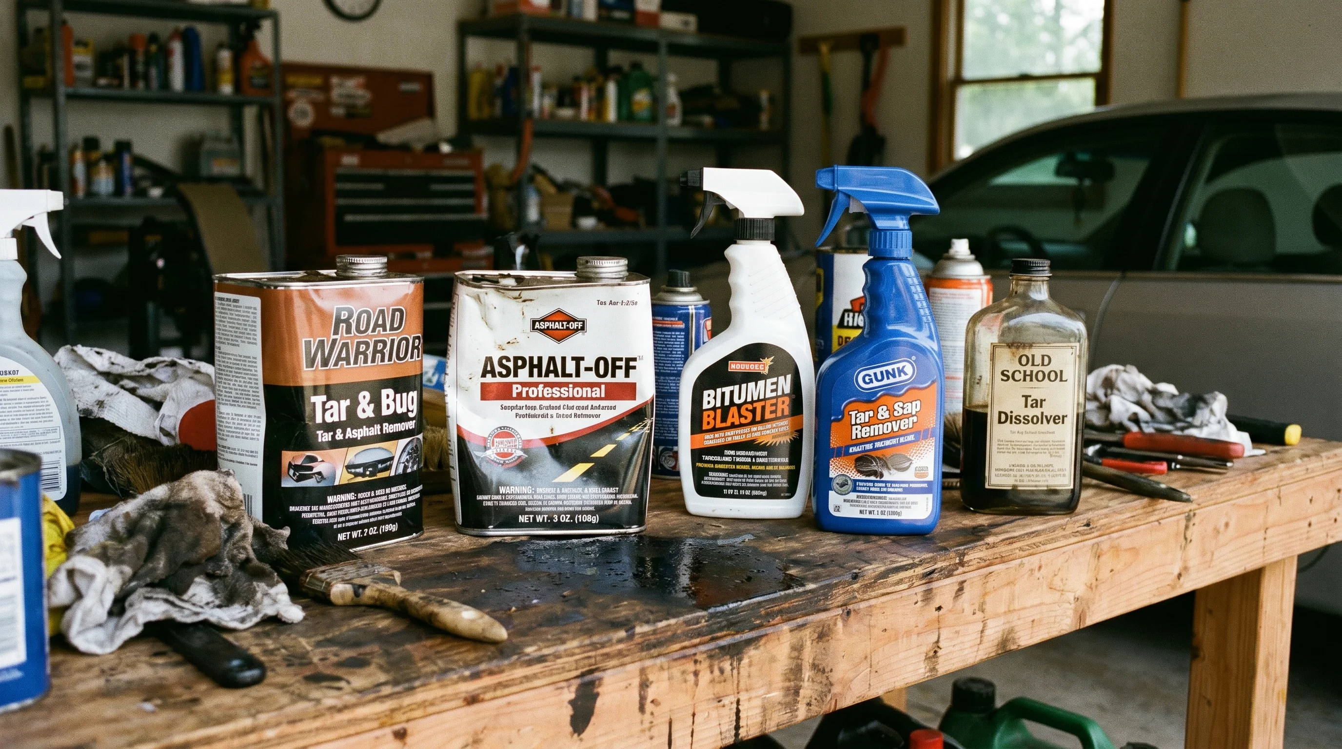 Several automotive tar and asphalt remover spray bottles and aerosol cans arranged on a garage workbench including Turtle Wax, Meguiar's and 3M products