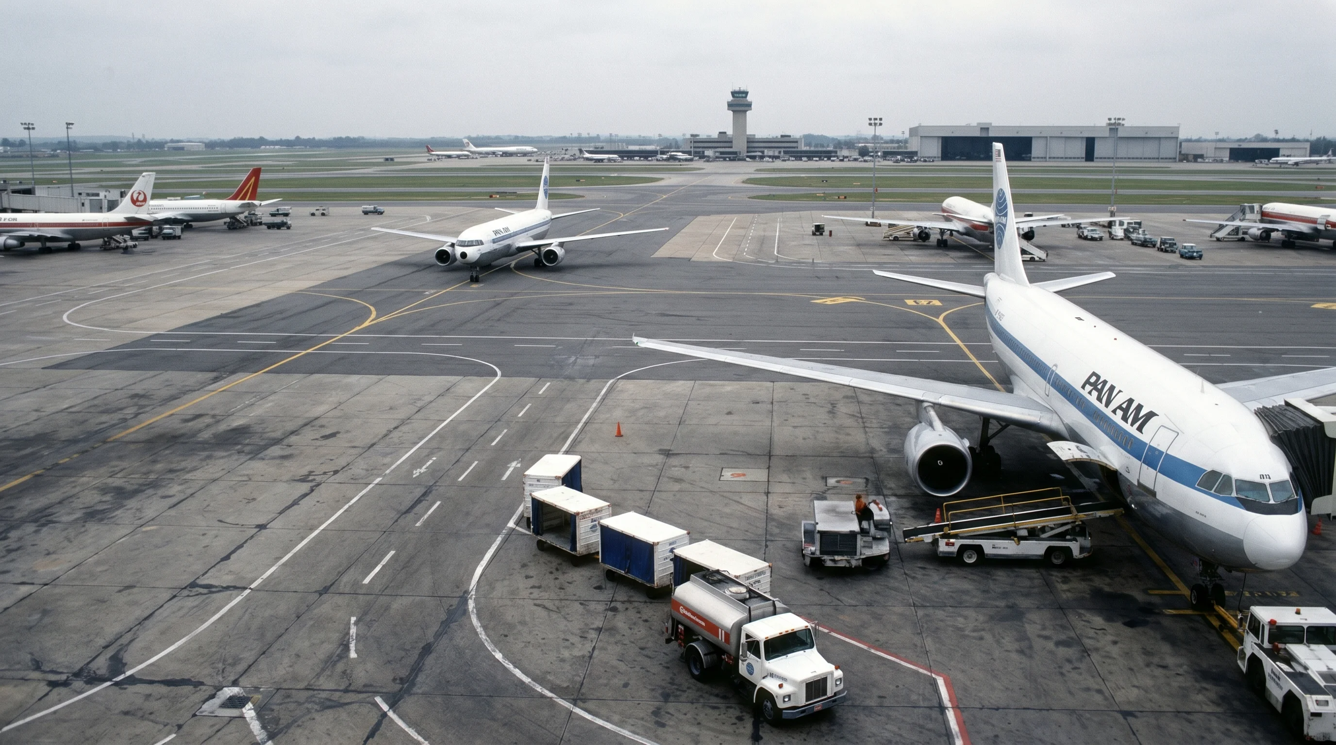 Wide airport apron and taxiway surface with a commercial aircraft visible in the background showing the paved ground area commonly called the tarmac in aviation