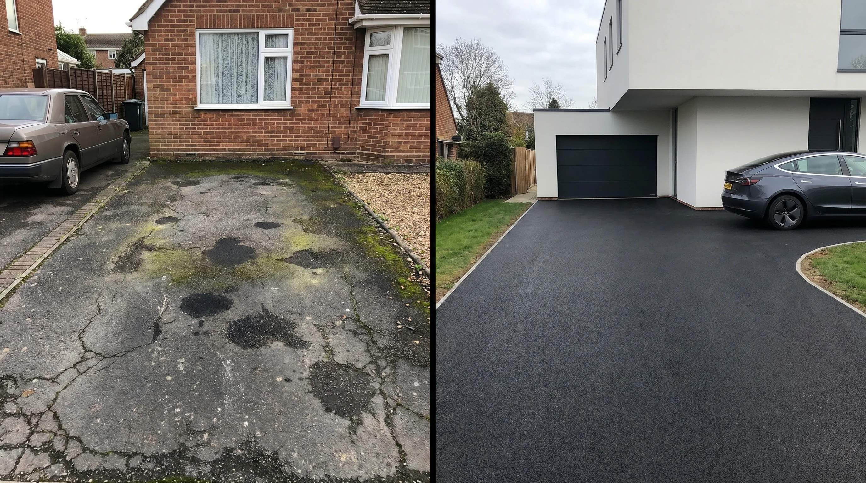 Split comparison showing an older darker tarmac-style driveway surface on the left and a smooth modern asphalt driveway surface on the right on a sunny residential street
