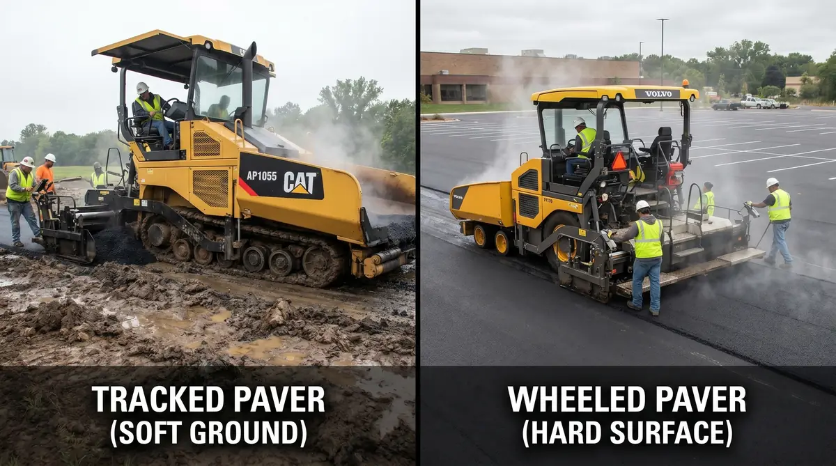 Tracked asphalt paver on soft ground next to a wheeled paver on a parking lot