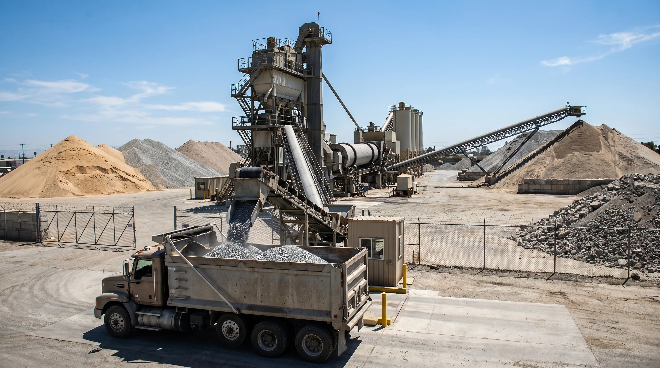 Wide-angle view of a large industrial asphalt and aggregate plant in Sun Valley California with stockpiles of crushed stone, sand, and gravel and a drum plant tower in the background